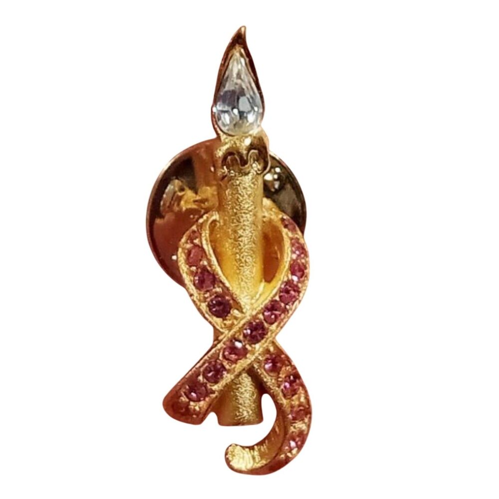 Seraphim Classics Roman 1997 Angel Candle Ribbon Lapel Pin Gold Pink Rhinestone